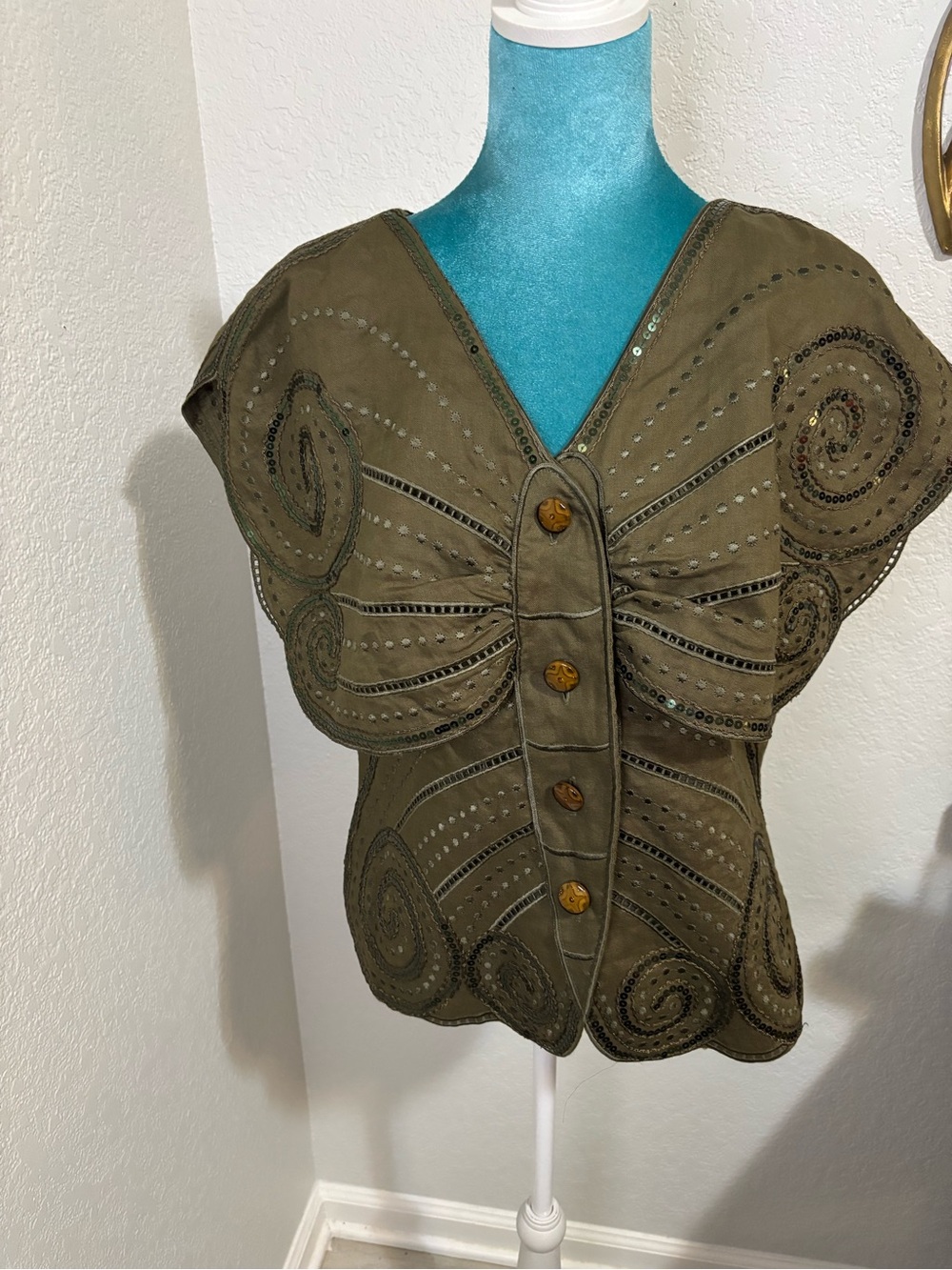 J. Song Vintage 100% Linen Butterfly Top • Sequin Embroidery Olive Green Sz 8